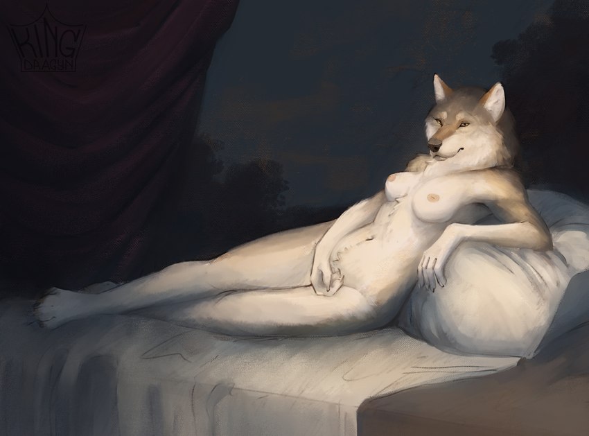 5_fingers anthro bed bedding breasts casual_nudity covering covering_crotch female fingers furniture neck_tuft nipples nude small_breasts solo tuft kingdragyn canid canine canis mammal wolf absurd_res hi_res painting_(artwork) traditional_media_(artwork)