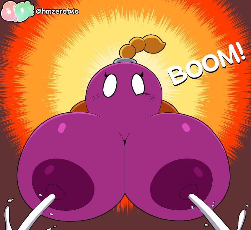 areola big_breasts blonde_hair blush bodily_fluids breasts explosion feet female hair lactating logo milk not_furry onomatopoeia orange_feet pink_body projectile_lactation solo sound_effects text twitter_handle slem mario_bros nintendo paper_mario bombette bob-omb living_bomb sphere_creature waddling_head 2024 digital_media_(artwork) english_text hi_res