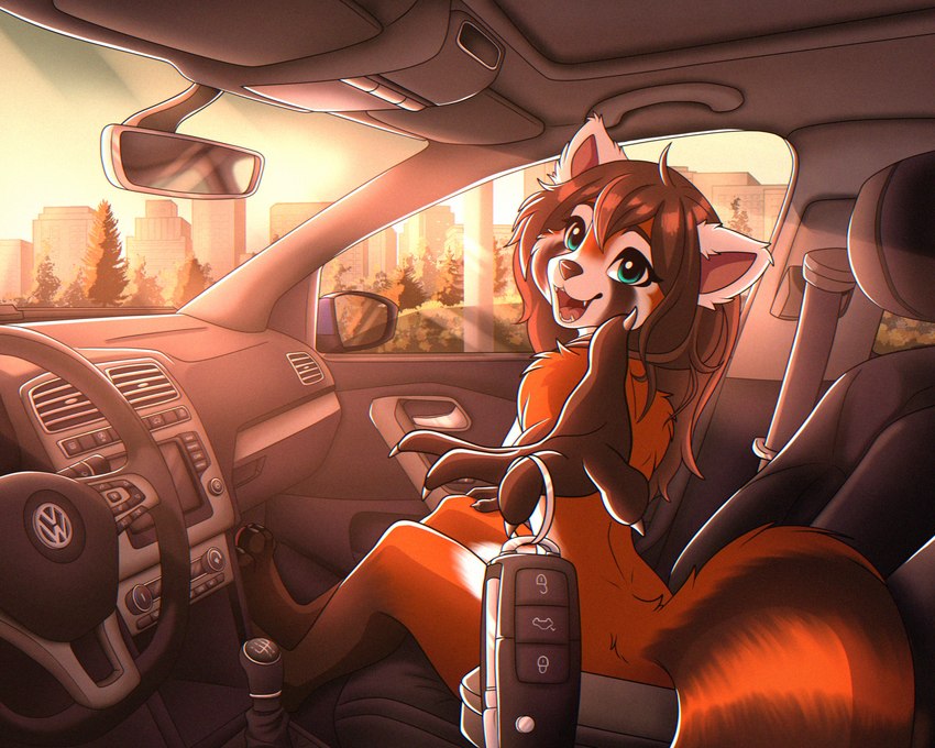 anthro big_tail biped black_markings black_nose brown_hair car car_keys casual_nudity claws countershade_face countershade_torso countershading female fluffy fluffy_tail gloves_(marking) hair holding_key holding_object inside_car inside_vehicle key leg_markings long_hair looking_at_viewer markings multicolored_body nude open_mouth reaching_towards_viewer red_body sitting sitting_in_car socks_(marking) solo tail teeth toe_claws tongue two_tone_body vehicle volkswagen_polo white_body white_countershading zhorrito volkswagen ailurid mammal red_panda 2024 hi_res