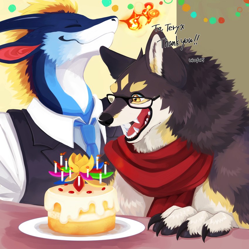 anthro athletic birthday birthday_cake butler cake candle dessert fire food hair lotus_candle male male/male mane mane_hair skeb urotori zephyxus mythology teryx favonius teryx_commodore canid canine canis dragon mammal mythological_creature mythological_scalie rain_dragon scalie wolf hi_res