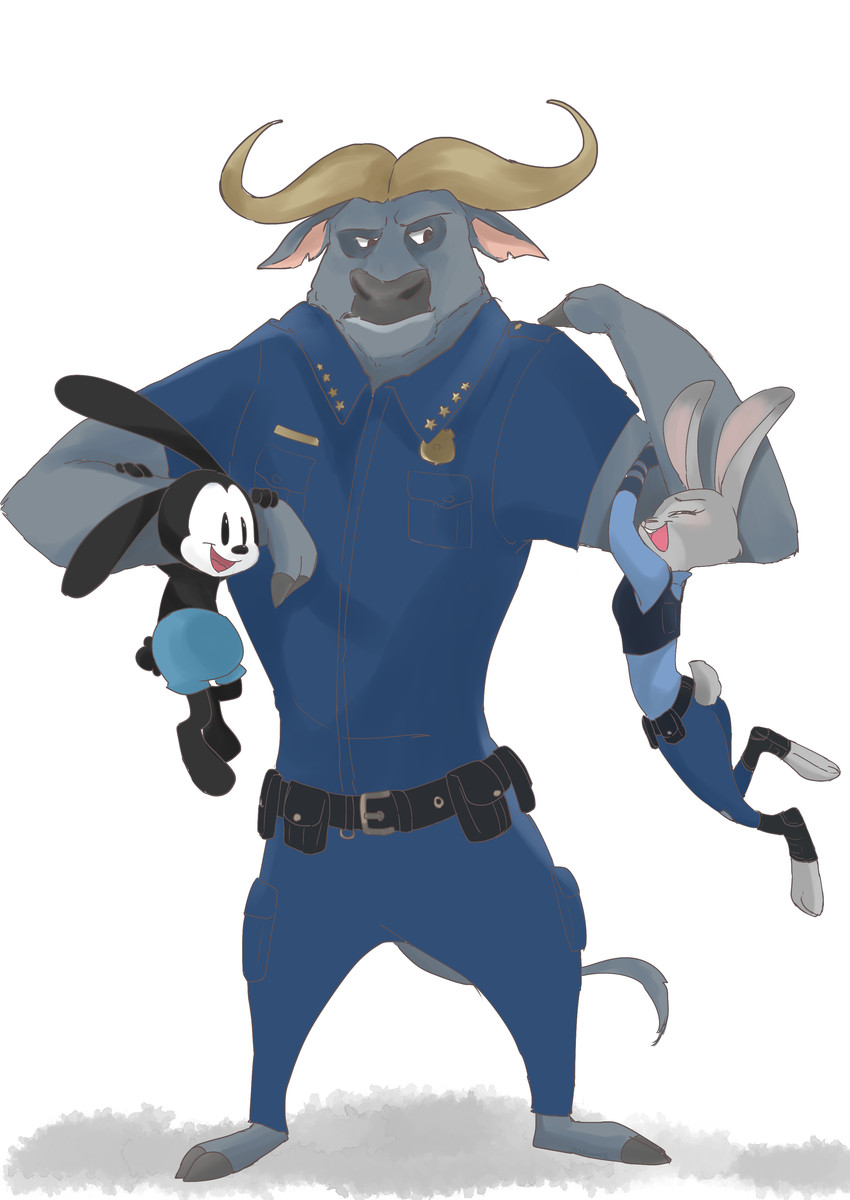 anthro belt clothed clothing female fully_clothed fur grey_body grey_fur group horn male open_mouth open_smile police police_uniform simple_background smile standing toeless_legwear uniform white_background chu_twst disney zootopia chief_bogo judy_hopps oswald_the_lucky_rabbit bovid bovine cape_buffalo lagomorph leporid mammal rabbit absurd_res hi_res