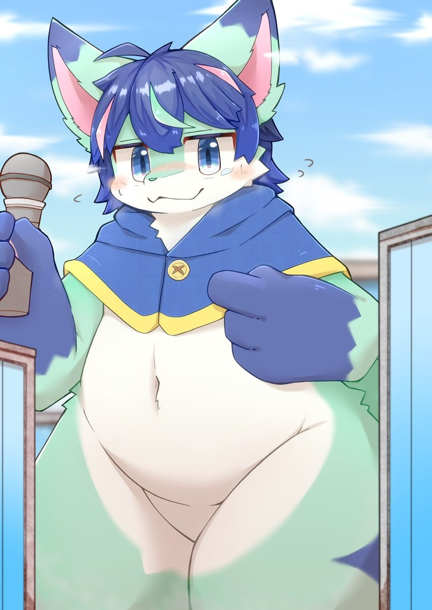 ahoge ambiguous_gender anthro belly blue_clothing blue_ear_tips blue_eyes blue_hair blue_topwear blush building clothing cloud dipstick_ears ear_markings electronics featureless_crotch fur green_body green_ears green_fur green_nose hair half-closed_eyes holding_microphone holding_object kemono leg_markings looking_at_viewer macro markings microphone multicolored_ears narrowed_eyes pointing_at_object slightly_chubby topwear white_belly white_body white_fur wide_hips xennochan production_taiikukan polaris_(polaris_mint) canid canine fox mammal hi_res