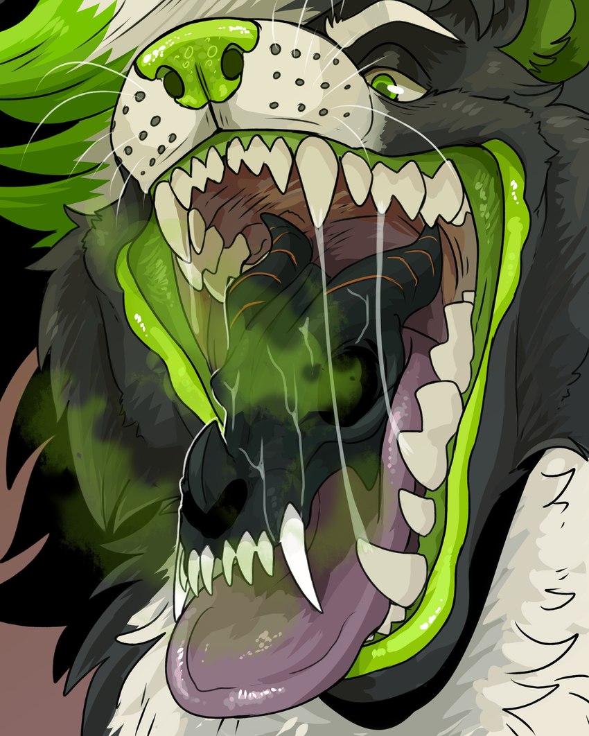 after_vore ambiguous_gender anthro bad_breath black_body black_fur bodily_fluids bone cheek_tuft death eyebrows facial_tuft fangs front_view fur glistening glistening_eyes glistening_nose glistening_tongue green_eyes green_hair green_nose hair half-closed_eyes mouth_shot multicolored_hair narrowed_eyes open_mouth regurgitation saliva saliva_string skull solo stink_fumes teeth tongue tongue_out tuft two_tone_hair vore white_eyebrows white_hair imperatorcaesar nintendo pokemon stunk_hazard generation_4_pokemon mammal mephitid pokemon_(species) skunk skuntank absurd_res colored digital_media_(artwork) hi_res shaded