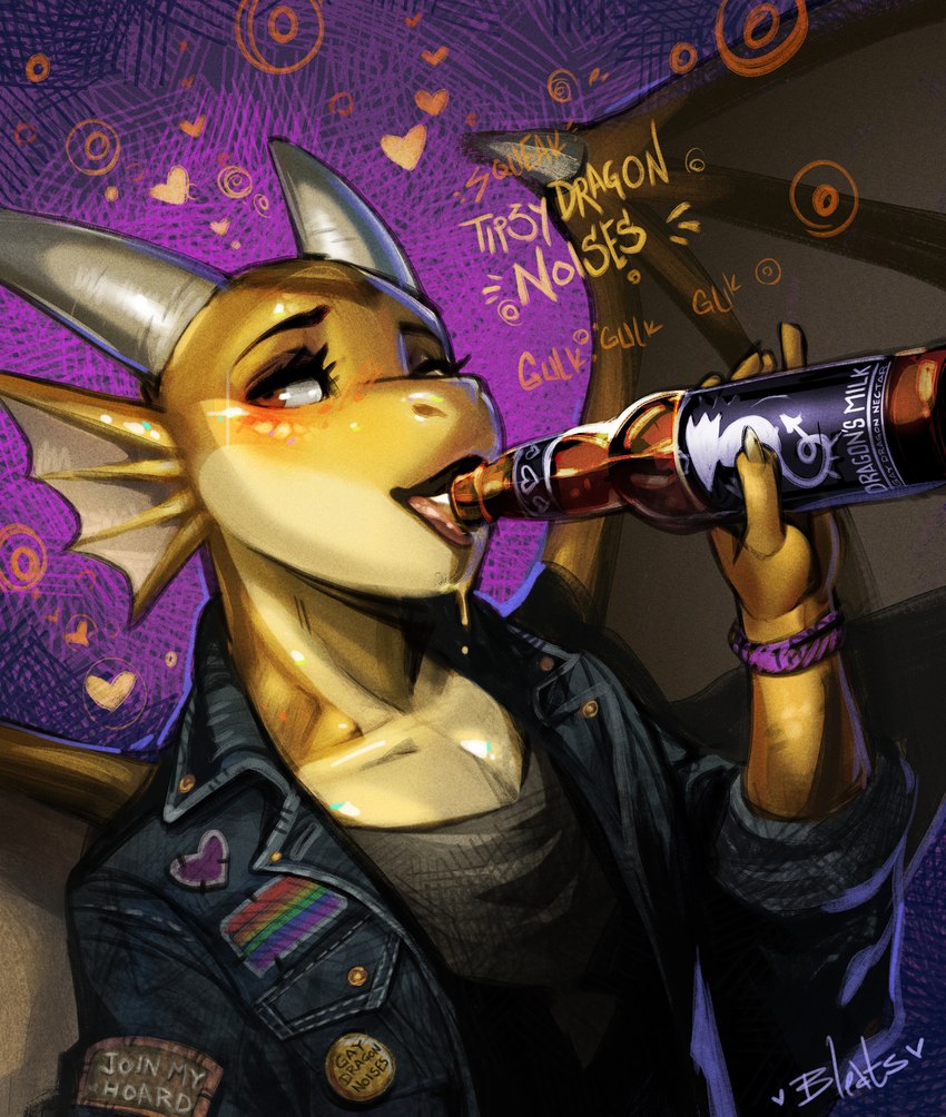 alcohol anthro back_wings bedroom_eyes beer beer_bottle beverage bottle brown_markings clothing container curved_horn denim denim_clothing denim_jacket denim_topwear facial_fin half-closed_eyes horn jacket male markings membrane_(anatomy) membranous_wings narrowed_eyes purple_background scales seductive simple_background smile smirk smug smug_face solo sound_effects text tongue tongue_out topwear wings yellow_body yellow_scales bleats european_mythology mythology goldy_(golden.dragon) dragon mythological_creature mythological_scalie scalie western_dragon 2024 english_text hi_res