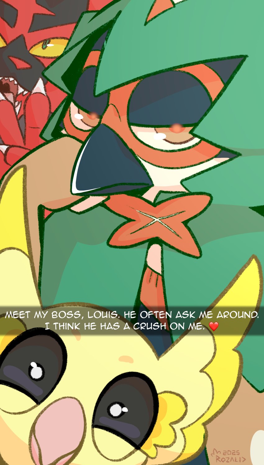 anthro beak black_sclera caption eyelashes eyeshadow female feral glowing glowing_eyes happy looking_at_viewer makeup male phone_camera photobomb red_body selfie slice_of_life smile text unimpressed yellow_body yellow_sclera rozalid nintendo pokemon britney_(oricorio) louis_(decidueye) maximilian_(incineroar) decidueye generation_7_pokemon incineroar oricorio pokemon_(species) pom-pom_oricorio 2025 english_text flat_colors hi_res portrait story story_in_description