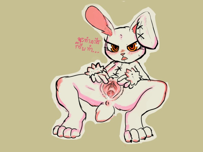 anthro anus bodily_fluids female genital_fluids genitals nude pussy solo spread_pussy spreading text vaginal_fluids kingdoujin 2spot_studio bloody_bunny_(series) bloody_bunny lagomorph leporid mammal rabbit 4:3 hi_res thai_text translation_request