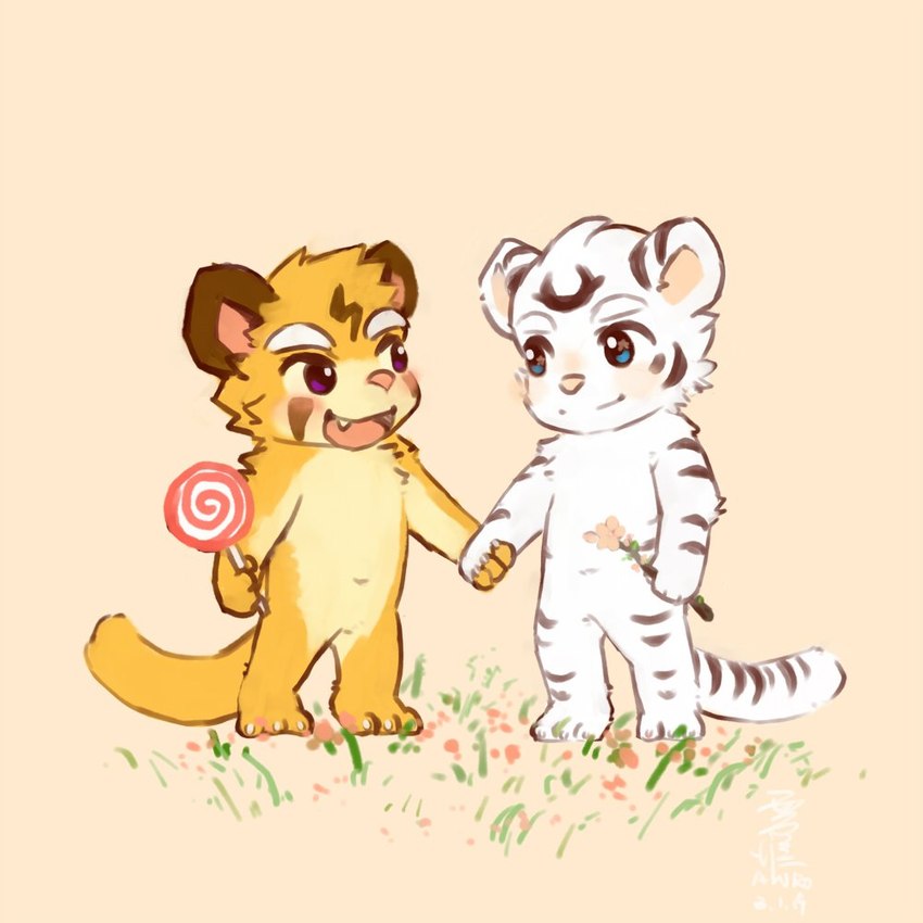 anthro blue_eyes candy dessert duo flower food fur fur_markings lollipop male markings multicolored_body multicolored_fur plant purple_eyes simple_background smile standing striped_body striped_fur stripes two_tone_body two_tone_fur white_body white_fur yellow_body yellow_fur ainro elysium_above guang_yuan jue_ming cheetah felid feline mammal pantherine tiger