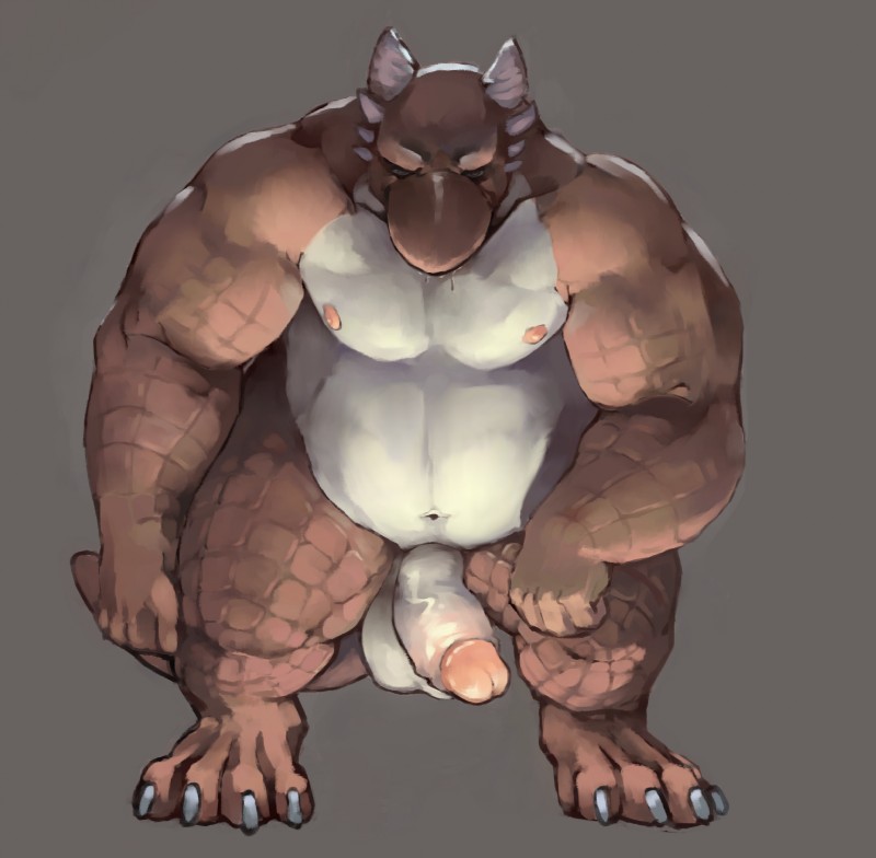 anthro balls barazoku belly big_balls big_belly big_penis bodily_fluids drooling erection genitals grey_background male penis saliva simple_background slightly_chubby solo tail sopomon mythology xhyra dragon mythological_creature mythological_scalie scalie hi_res