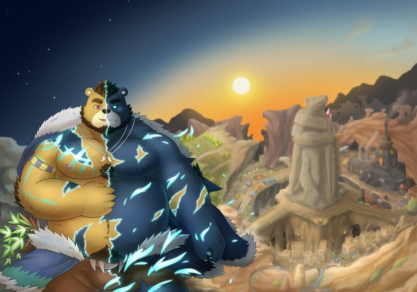 anthro belly big_belly black_nose blue_body bottomwear brown_body bulge clothing detailed_background humanoid_hands kemono male moobs nipples outside overweight overweight_male shorts solo sun mtflying30371 bear mammal 2021 absurd_res hi_res