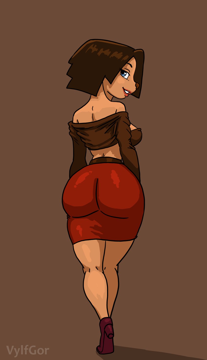 anthro big_butt blue_eyes bottomwear breasts brown_background brown_clothing brown_hair brown_shirt brown_topwear butt clothed clothing crop_top earless female footwear hair high_heels lipstick long_sleeves looking_back makeup medium_breasts medium_hair presenting presenting_hindquarters red_bottomwear red_clothing red_lipstick red_skirt seductive shirt shoes side_boob side_eye simple_background skimpy skirt snout tailless topwear walking vylfgor the_pooches mother_(the_pooches) canid canine canis domestic_dog mammal artist_name full-length_portrait hi_res portrait shaded simple_shading