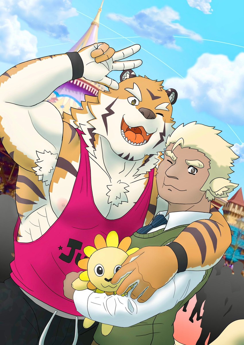 amusement_park anthro blonde_hair clothing duo gesture hair hand_gesture hug male male/male muscular muscular_anthro necktie one_eye_closed pecs plushie romantic romantic_couple shirt tank_top topwear v_sign wink dandelion860 lifewonders live_a_hero huckle ryekie_(live_a_hero) felid humanoid mammal pantherine tiger hi_res