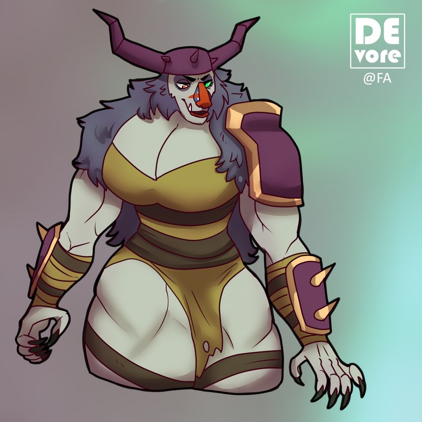 5_fingers anthro armor biceps big_breasts breasts claws cleavage clothed clothing female fingers fur green_eyes grey_body hair headgear helmet heterochromia muscular muscular_anthro muscular_female red_eyes simple_background smile solo teeth thick_thighs devore activision spyro_the_dragon gaul_(spyro) haplorhine mammal mandrill monkey old_world_monkey primate 1:1 2024 digital_drawing_(artwork) digital_media_(artwork) hi_res shaded signature