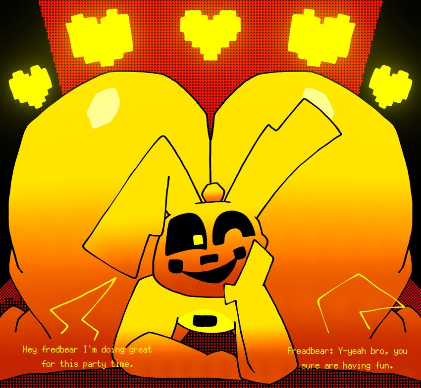 ambiguous_gender big_butt butt floating_hearts heart_symbol huge_butt hyper hyper_butt offscreen_character one_eye_closed open_mouth open_smile smile wink yellow_body lucaslora five_nights_at_freddy's scottgames fredbear_(fnaf) spring_bonnie_(fnaf) lagomorph leporid mammal rabbit hi_res