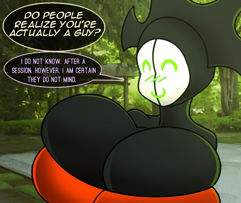 ^u^ big_breasts bodysuit breasts clothing dialogue female forest huge_breasts machine not_furry outside plant skinsuit smile solo speech_bubble stated_gender text tight_clothing tree vrabo samurai_jack fan_character matar humanoid robot english_text hi_res male_(lore)