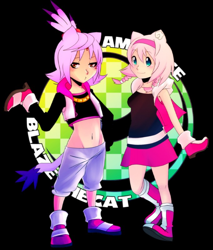 alternate_species amber_eyes anthro blue_eyes blush boots bottomwear clothing duo female footwear hair humanoidized jewelry midriff navel necklace pink_hair ponytail shoes shoes_on_hands skirt tail what elksign05 sega sonic_the_hedgehog_(series) amy_rose blaze_the_cat animal_humanoid cat_humanoid eulipotyphlan eulipotyphlan_humanoid felid felid_humanoid feline feline_humanoid hedgehog_humanoid humanoid mammal mammal_humanoid alpha_channel