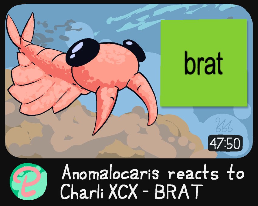 ambiguous_gender big_eyes big_head black_eyes detailed_background feral fin humor logo mandibles number pink_body rock solo tail tail_fin text underwater water youtube_thumbnail puppable brat_(charli_xcx) youtube anomalocarid anomalocaris arthropod marine prehistoric_species 2024 5:4 english_text icon watermark