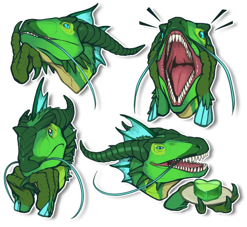 ambiguous_form ambiguous_gender blue_eyes blue_frill cheek_spikes facial_spikes frill_(anatomy) glistening glistening_eyes green_body green_horn green_scales head_crest head_frill horn mouth_closed mouth_shot open_mouth red_tongue ridged_horn scales sharp_teeth simple_background solo spikes spikes_(anatomy) teeth tongue white_background khyaber mythology dragon mythological_creature mythological_scalie scalie hi_res