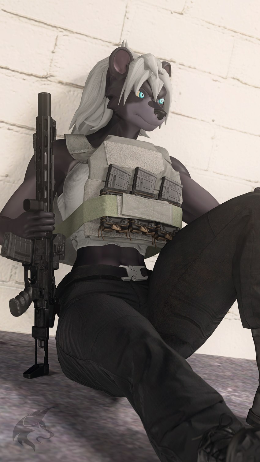 anthro assault_rifle axe boots bulletproof_vest clothing facility female footwear group gun hair military muscular ranged_weapon rifle rooftop shoes soldier solo stealth tactical_gear tactical_gloves warrior weapon white_hair ludexus fan_character minerva_zaslav_(ludexus) bear black_bear mammal ursine 3d_(artwork) 4k 9:16 absurd_res digital_media_(artwork) hi_res source_filmmaker_(artwork)