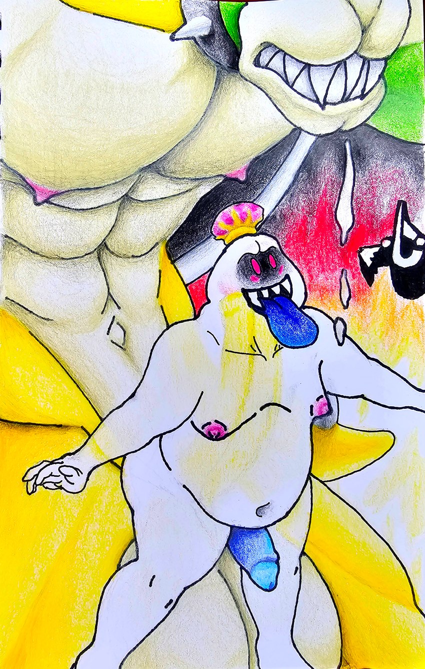 anthro balls belly big_balls bodily_fluids crown drooling duo fire genitals headgear humanoid_genitalia humanoid_penis jewelry male male/male muscular muscular_anthro muscular_male overweight overweight_male penis saliva size_difference slightly_chubby slightly_chubby_male tongue tongue_out marthan_crowl_(artist) luigi's_mansion mario_bros nintendo bowser king_boo king_koopa boo_(mario) ghost reptile scalie spirit turtle absurd_res hi_res