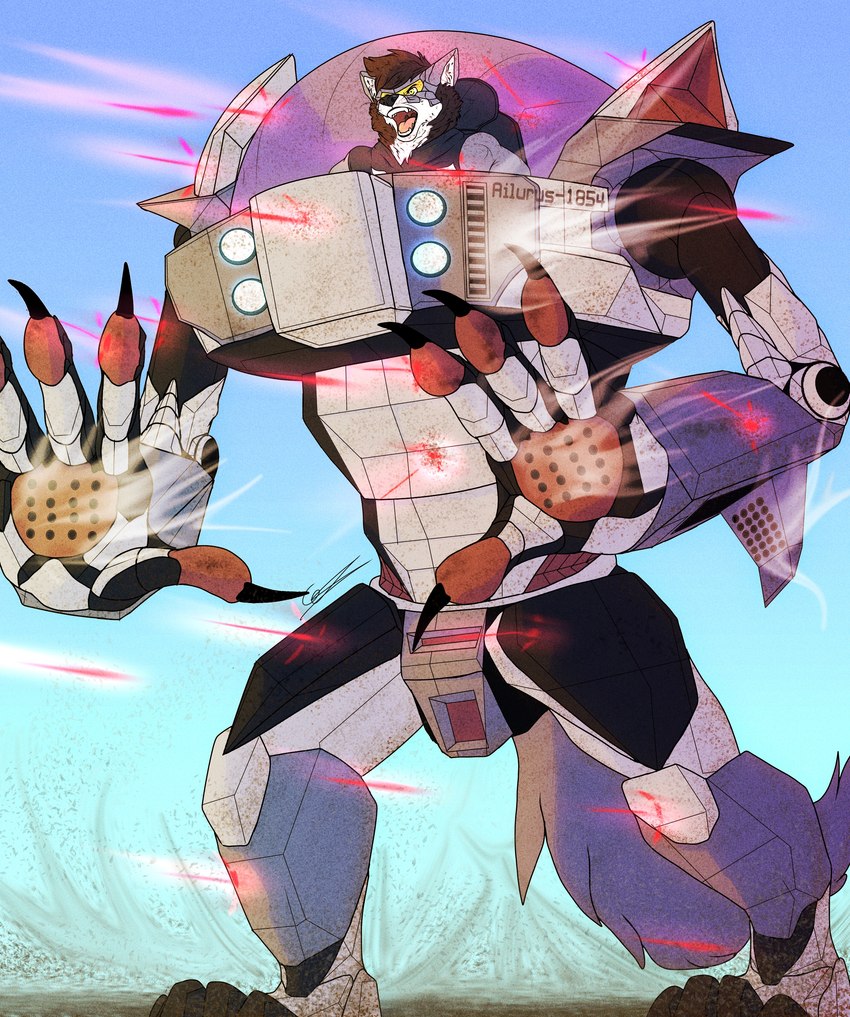 anthro fighting_pose gun laser lore machine machine_gun male mecha missile_launcher missile_pod muscular muscular_anthro muscular_male pilot_suit pose ranged_weapon smoke solo text weapon depictionexpress ailurus1854_(depictionexpress) ailurid mammal red_panda absurd_res english_text hi_res