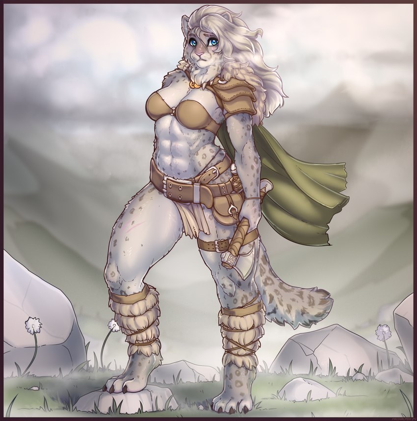 abs anthro arm_scar armor axe barefoot belt belt_pouch blue_eyes bottomwear bra cape claws clothed clothing day facial_scar feet female fluffy fluffy_tail fur grass grey_body grey_fur hair holding_axe holding_object leather leather_bra leather_clothing leather_topwear leather_underwear leg_belt leg_scar leg_warmers legwear loincloth long_hair looking_at_viewer markings muscular muscular_anthro muscular_female neck_tuft outside pauldron plant rock scar skimpy solo spots spotted_body spotted_fur standing tail thick_thighs topwear tuft underwear white_body white_fur friskalpox microsoft the_elder_scrolls felid khajiit mammal pantherine snow_leopard hi_res