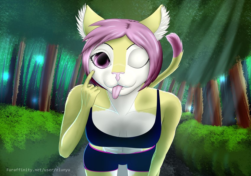 5_fingers anthro athletic_wear bent_arm bent_over blue_fabric bottomwear bra claws clothed clothing colored_nails detailed_background ear_tuft ears_aside ears_up eyelid eyelid_pull eyelid_pull_taunt female finger_claws fingers fluffy fluffy_ears fluffy_tail forest forest_background front_view fully_clothed fully_clothed_anthro fur gesture gym_bottomwear gym_shorts hair hiking inner_ear_fluff leaning leaning_forward looking_at_viewer lothed making_faces markings multicolored_body multicolored_bottomwear multicolored_clothing multicolored_fur multicolored_tail nails nature nature_background one_eye_closed path pathway pawpads paws pink_body pink_eyes pink_fur pink_hair pink_nails pink_nose pink_pawpads pink_tongue pinup_post plant playful_face pose public raised_tail shorts shrub snipers solo sports_bra sportswear standing tail tail_markings text tongue tongue_out topwear tree tuft two_tone_bottomwear two_tone_clothing underwear white_body white_fur wink winking_at_viewer yellow_body yellow_fur ziu_nyu felid feline humanoid lion mammal pantherine 2021 pinup url