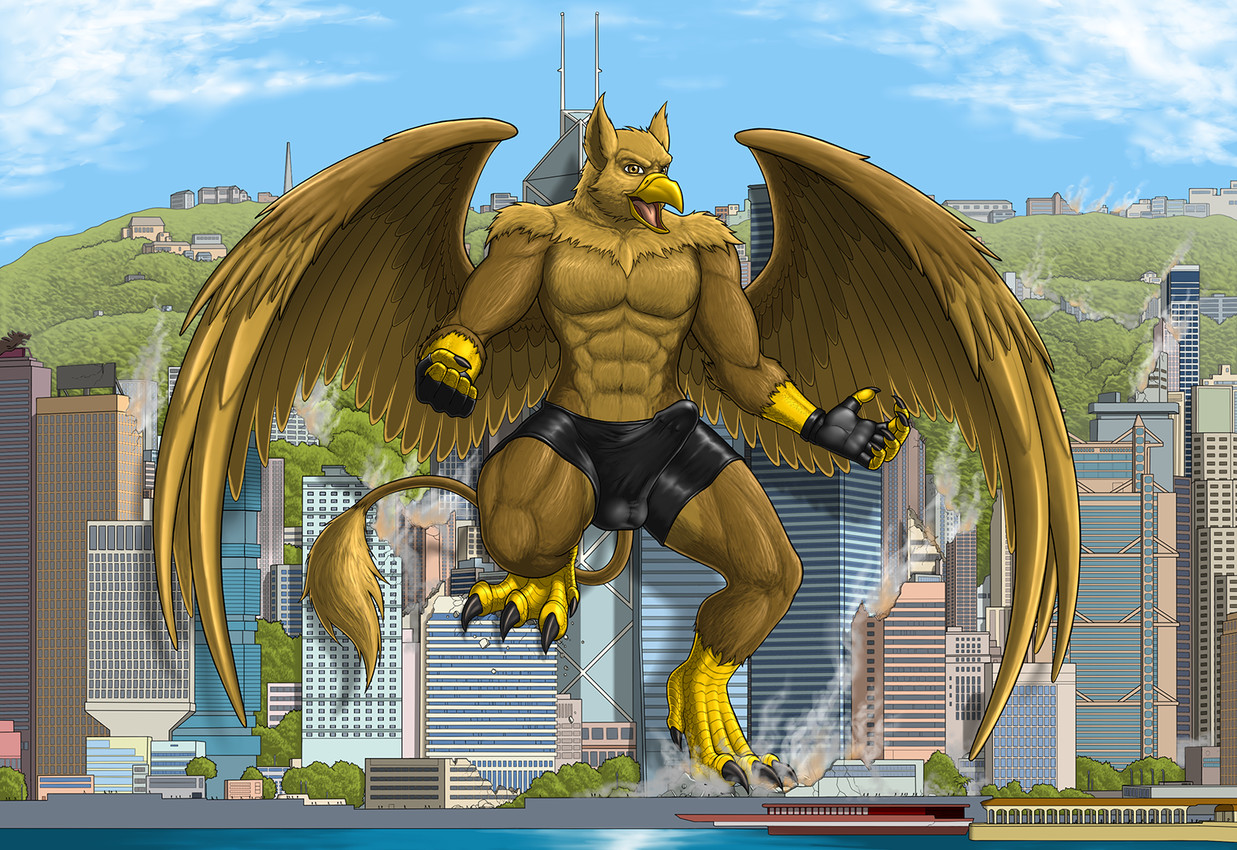 5_fingers abs anthro balls balls_outline beak biceps biped boxer_briefs brown_body brown_fur building building_destruction bulge city city_background city_destruction cityscape claws clothed clothing destruction detailed_bulge erection feathered_wings feathers feet finger_claws fingerless_gloves fingers fur genital_outline genitals gloves handwear humanoid_genitalia landscape_dwarfing looking_at_viewer macro macro_anthro male muscular muscular_anthro muscular_male nude open_mouth outside pecs penile penis penis_outline rampage sky smile solo tail toe_claws toes topless underwear wings growingdragon mythology carpo avian gryphon mythological_avian mythological_creature