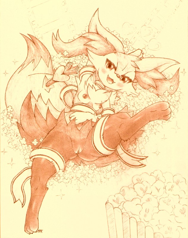 anthro breasts butt butt_from_the_front female genitals lying nipples on_back pussy solo fullfolka nintendo pokemon teeruuna braixen canid canine generation_6_pokemon mammal pokemon_(species) hi_res monochrome sepia