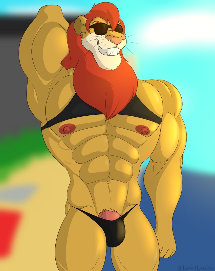 abs anthro beach biceps big_muscles clothed clothing eyewear facial_hair genitals grin huge_muscles male muscular muscular_anthro muscular_male nipples pecs penis seaside shirt smile solo speedo sunglasses swimwear topwear klr-rio d.a.r.e. daren_the_lion felid lion mammal pantherine hi_res