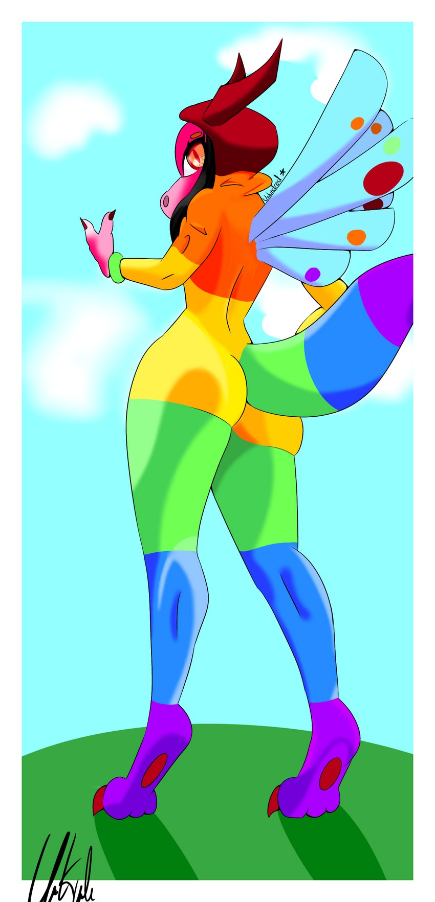 anthro butt clothing female multicolor onesie orange_eyes rainbow_onesie rear_view solo wings unkindred dragon_city moriah_dragon_(dragon_city) rainbow_onesie_dragon absurd_res hi_res