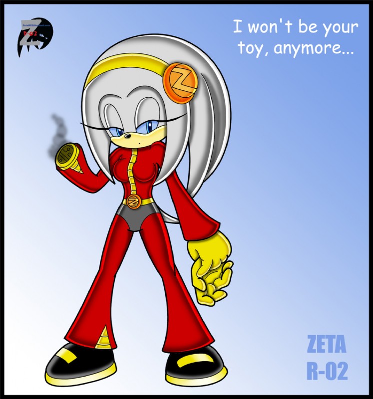 anthro big_breasts blue_eyes blue_sclera breasts clothed clothing female hair looking_at_viewer machine solo text white_hair zeta_r-02 sega sonic_the_hedgehog_(series) fan_character zeta_the_echidna android echidna mammal monotreme robot english_text