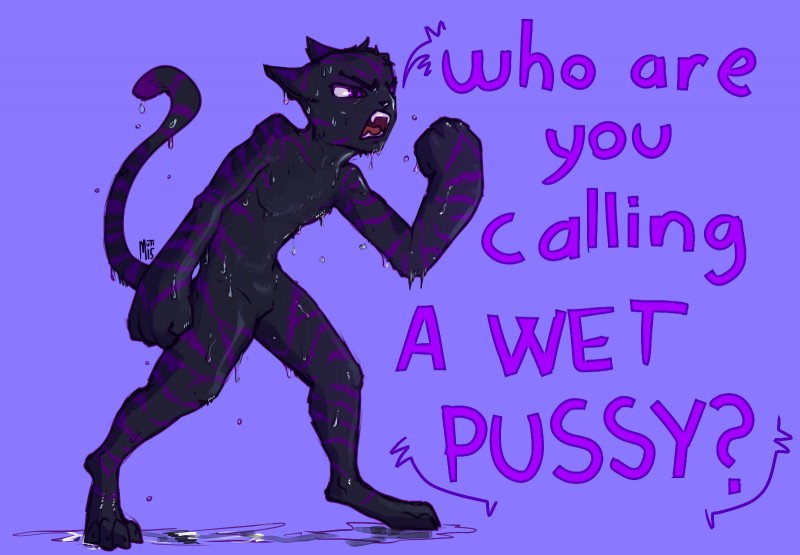 4_fingers angry anthro black_body black_fur digitigrade fangs fingers fist fur humor male open_mouth pun purple_body purple_eyes purple_fur simple_background solo stripes teeth text tongue visual_pun water wet commander_ledi domestic_cat felid feline felis mammal 2015 english_text hi_res