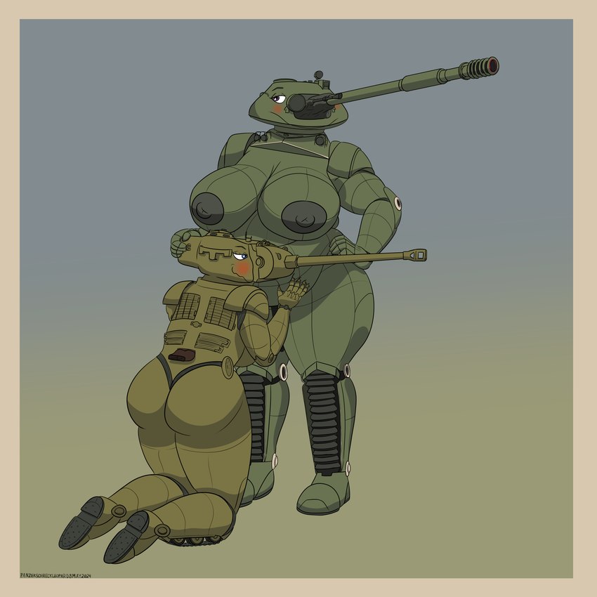 anthro belly belly_grab big_belly big_breasts big_butt blue_eyes blush border breasts butt dark_nipples duo female female/female green_body hand_on_head kneeling m26_pershing machine nude overweight overweight_female purple_eyes t-10_(tank) tank_(vehicle) vehicle wide_hips yellow_border panzerschreckleopard nadia_(panzerschreckleopard) scarlett_(panzerschreckleopard) living_machine living_tank living_vehicle 1:1 2024 absurd_res colored hi_res