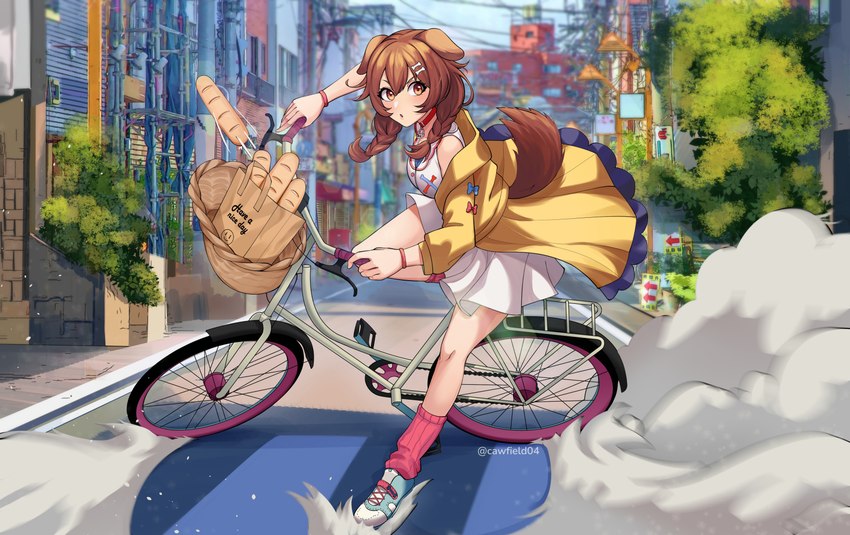 brown_body brown_ears brown_fur brown_hair city cityscape clothing day dress female footwear fur hair monotone_body monotone_fur monotone_hair monotone_tail pink_clothing shoes sidewalk sky solo tail topwear white_clothing white_dress yellow_clothing yellow_topwear cawfield akira_slide hololive vtuber inugami_korone animal_humanoid canid canid_humanoid canine canine_humanoid dog_humanoid humanoid mammal mammal_humanoid 2022 hi_res