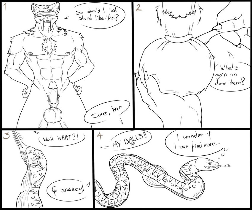 4_panel_comic 5_fingers >:) ?! abdominal_bulge abs ambiguous_gender answer anthro areola arm_tuft arms_by_side asking asking_another asking_what athletic athletic_anthro athletic_male ball_bite ball_grab balls banding bare_skin belly biceps black_border blindfold bloodless body_part_in_mouth border castration chest_tuft claws cock_and_ball_torture command command_to_wait consuming_genitalia consuming_testicles countershade_belly countershading dialogue duo ears_outwards elastrator_band empty_scrotum encouragement epididymis erection exclamation_point exposed_testicle eyebrows faceless_ambiguous faceless_character fangs feral finger_claws fingers forked_tongue frown fur furry_balls genital_mutilation genital_removal genital_torture genitals glans gore hands_on_own_hips hard_vore holding_balls holding_object holding_scalpel humanoid_genitalia humanoid_hands humanoid_penis inner_monologue lips male markings medical_instrument mutilation neck_tuft nipples numbered_sequence offscreen_male partial_speech_bubble pecs penis pivoted_ears prick_ears pubes puncture_wound pupils question raised_eyebrows realization sabertooth_(anatomy) scales scalpel scent_gland scenting scientific_instrument severed_testicle shoulder_tuft simple_background slit_scrotum slithering smile speech_bubble spots spotted_markings standing striped_markings stripes surgical_instrument talking_to_another teeth term_of_endearment text thought_bubble tongue tongue_out tuft unaware unaware_prey urethra vore whiskers white_background wounded yes-no_question soggy2002 sydion_(charn) felid feline mammal prehistoric_species reptile saber-toothed_tiger scalie smilodon snake 2013 black_and_white comic digital_drawing_(artwork) digital_media_(artwork) english_text handwritten_text line_art monochrome one_page_comic