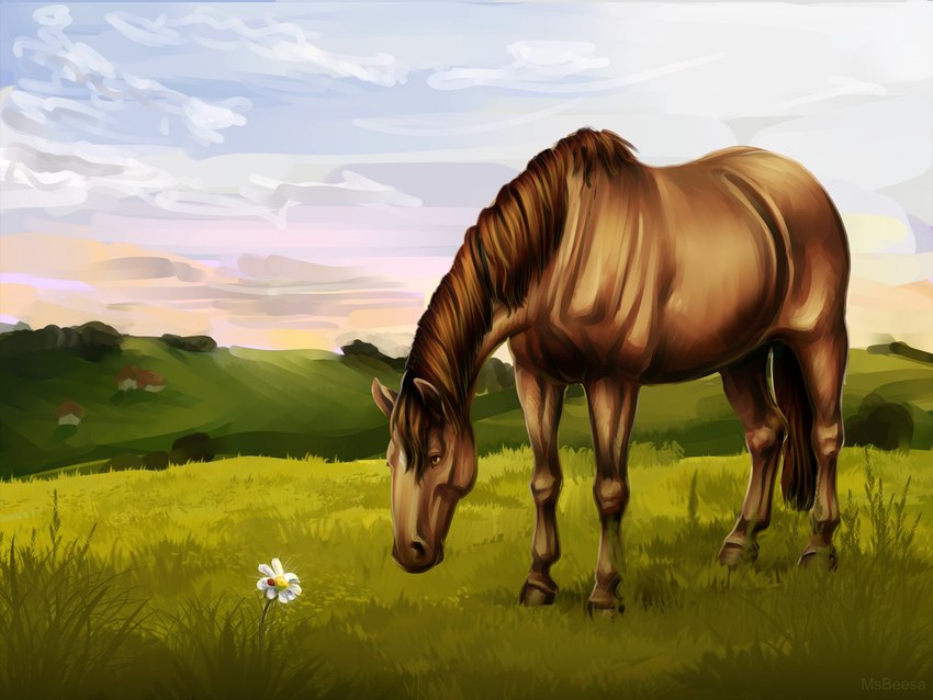 ambiguous_gender facial_markings feral flower grass hair head_markings hooves looking_down markings plant solo tail tan_body tan_hair tan_tail beesa pearl_(wasen) equid equine horse mammal 4:3 digital_media_(artwork)