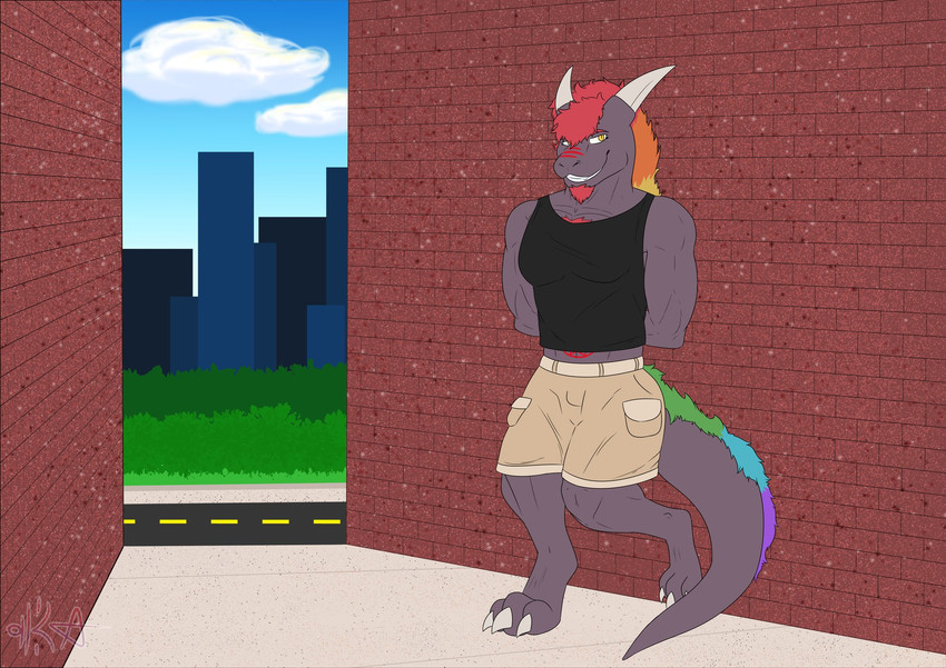 alley anthro bottomwear clothed clothing grin hair hands_behind_back looking_at_viewer male muscular muscular_anthro muscular_male outside shorts smile smirk solo tail teeth topwear kunaiartz mythology loki_rel_zephyr demon dragon mythological_creature mythological_scalie scalie digital_media_(artwork) hi_res