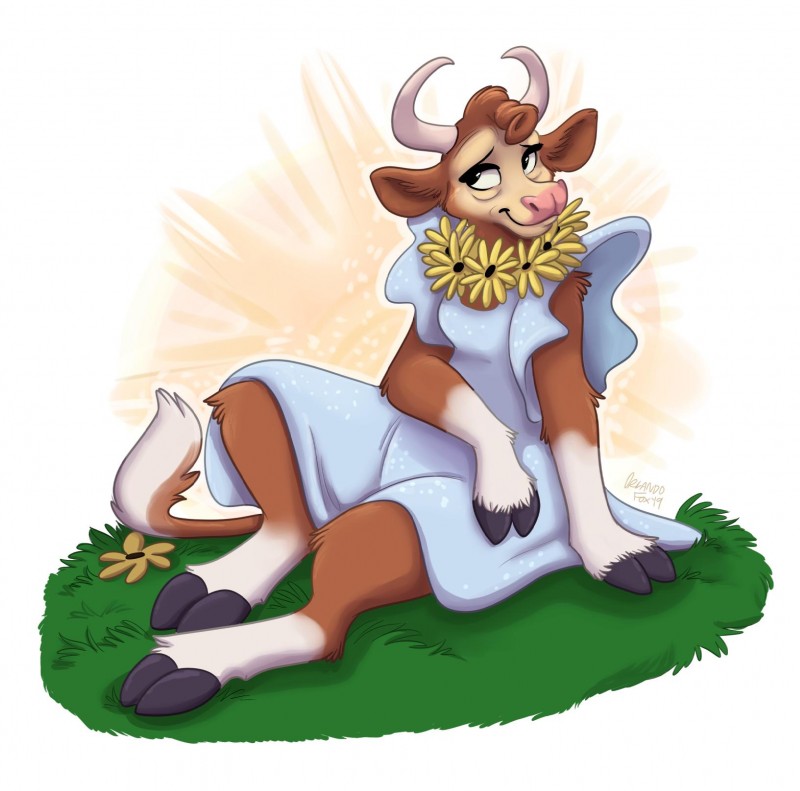 anthro clothed clothing female fur hair horn simple_background solo orlandofox borden_milk elsie_the_cow bovid bovine cattle mammal 2019 hi_res