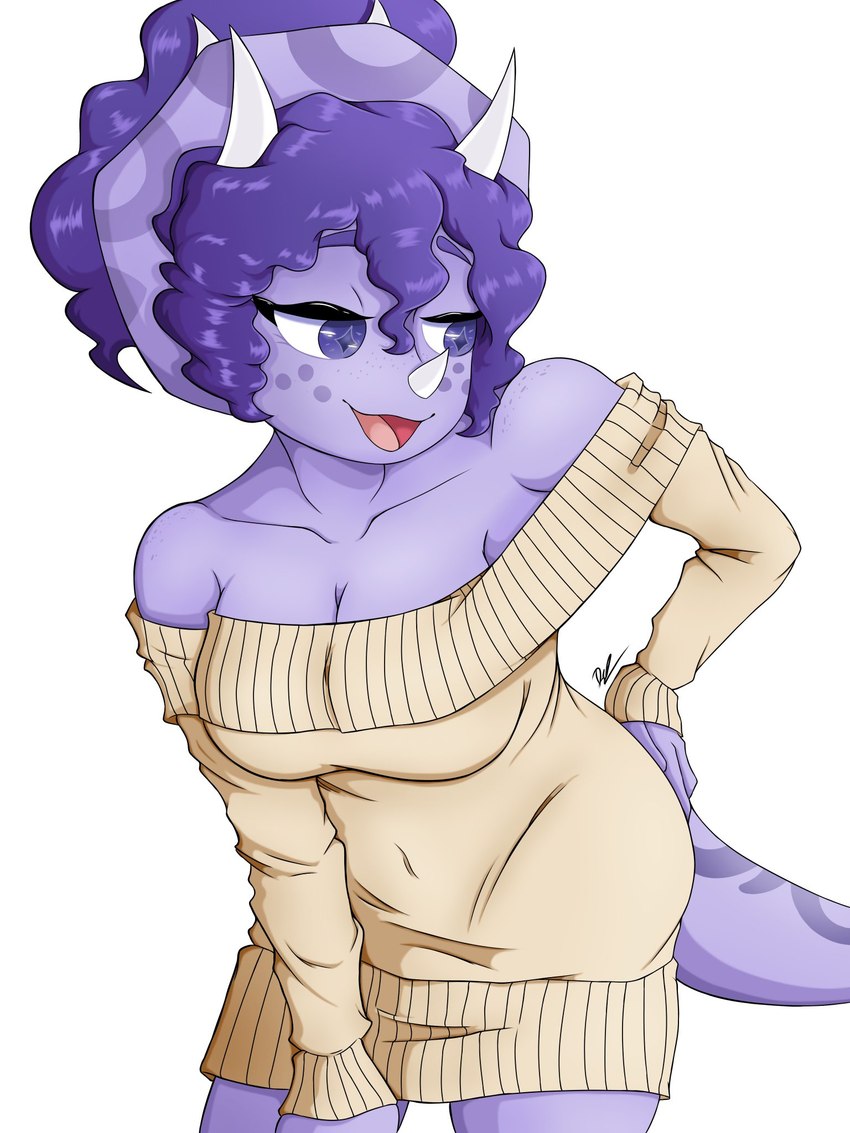 anthro biped breasts clothed clothed_anthro clothed_female clothing eyebrows female fingers freckled_shoulders freckles front_view hair hand_on_butt head_turned horn humanoid_hands leaning leaning_forward long_hair looking_aside markings navel non-mammal_breasts open_mouth open_smile purple_body purple_eyes purple_hair purple_scales raised_eyebrows scales seductive simple_background smile solo spots spotted_markings standing tail tan_clothing tan_sweater tan_topwear teasing tongue topwear white_background diegochirinos20 cavemanon_studios snoot_game sera_(snoot_game) ceratopsian dinosaur ornithischian prehistoric_species reptile scalie triceratops 2024 3:4 colored hi_res portrait signature three-quarter_portrait