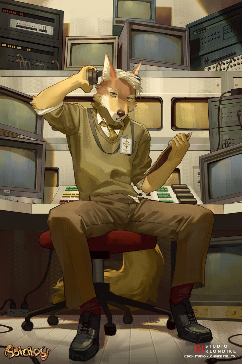 5_fingers anthro biped bottomwear chair clothed clothing fingers footwear fur furniture male pants shoes solo tail nyaalgebra astatos studio_klondike varius_(astatos) canid canine canis jackal mammal 2:3 absurd_res hi_res