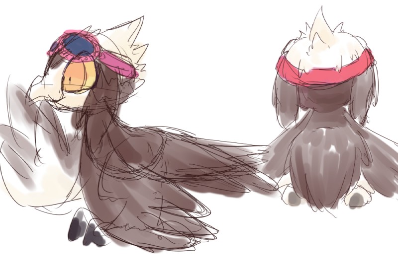 ambiguous_gender anthro eyewear eyewear_on_head feathered_wings feathers goggles goggles_on_head multiple_angles rear_view side_view simple_background solo white_background wings nettsuu west_(nettsuu) avian 2018 sketch