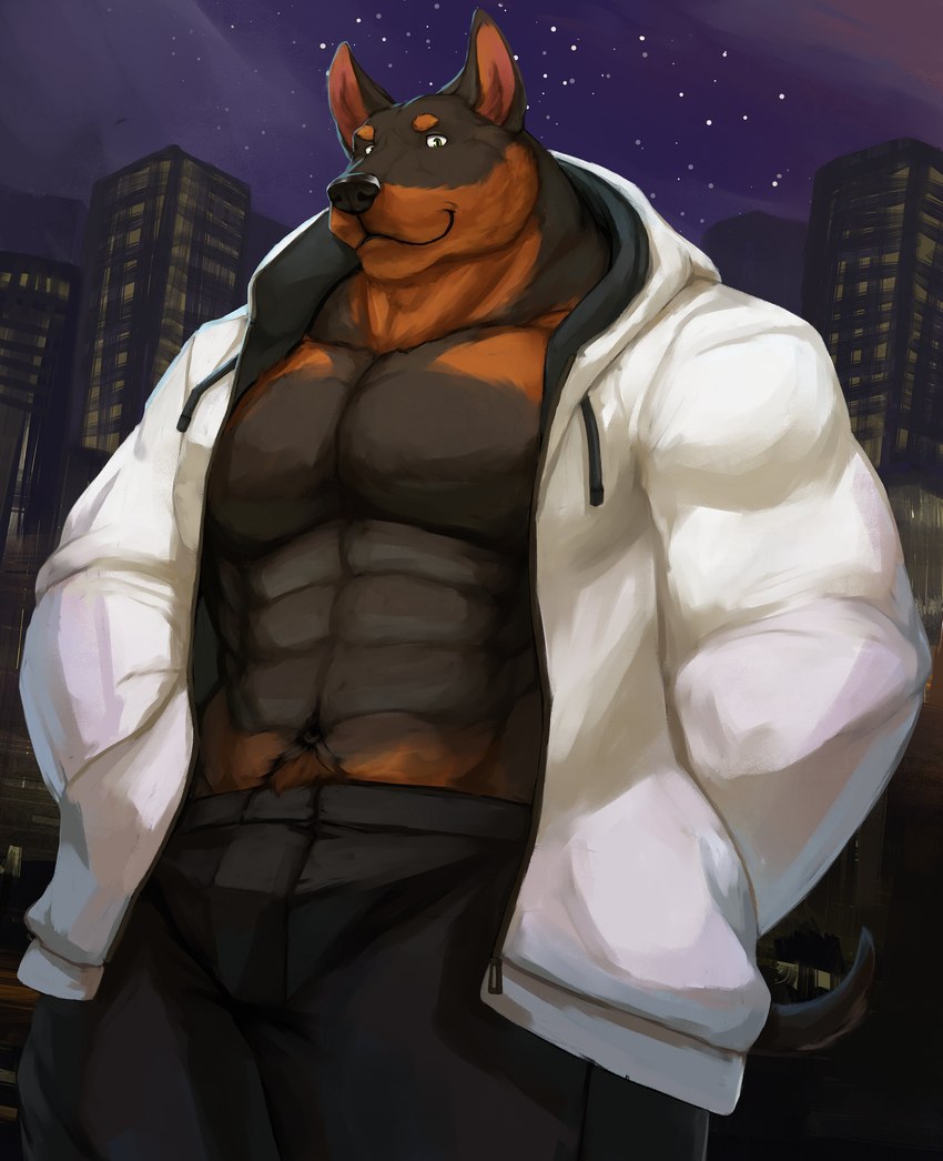 abs anthro big_muscles black_nose bottomwear city city_background clothed clothing jacket male muscular muscular_male open_clothing open_jacket open_topwear pecs pupils slit_pupils smile smirk solo topwear yellow_eyes cinna-tree canid canine canis dobermann domestic_dog mammal pinscher absurd_res hi_res