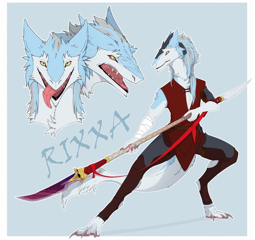 angry anthro blue_body blue_fur fighting_pose fur glaive hair long_hair looking_at_viewer looking_away male melee_weapon multicolored_body multicolored_fur naughty_face pigtails polearm pose red_sclera solo tail two_tone_body two_tone_fur warrior weapon white_body white_fur yellow_eyes nirala-the-sergal rixxa_(darksci) sergal headshot_portrait hi_res portrait