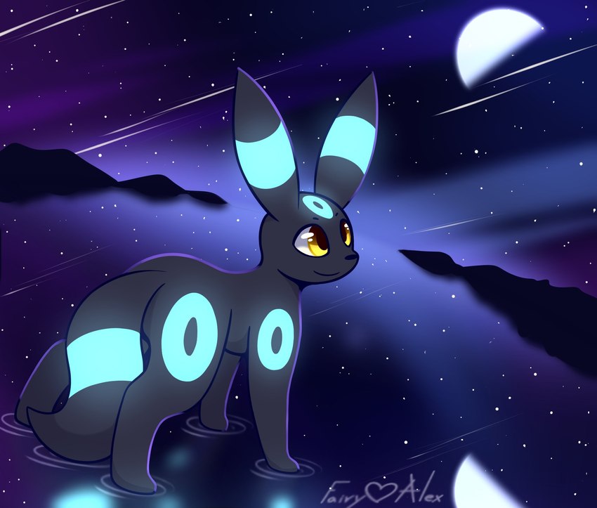 ambiguous_gender cloud feral glowing glowing_markings light markings meteor meteor_shower moon moonlight mountain purple_background reflection reflective_floor simple_background solo star fairylove777 nintendo pokemon eeveelution generation_2_pokemon pokemon_(species) shiny_pokemon umbreon hi_res watermark