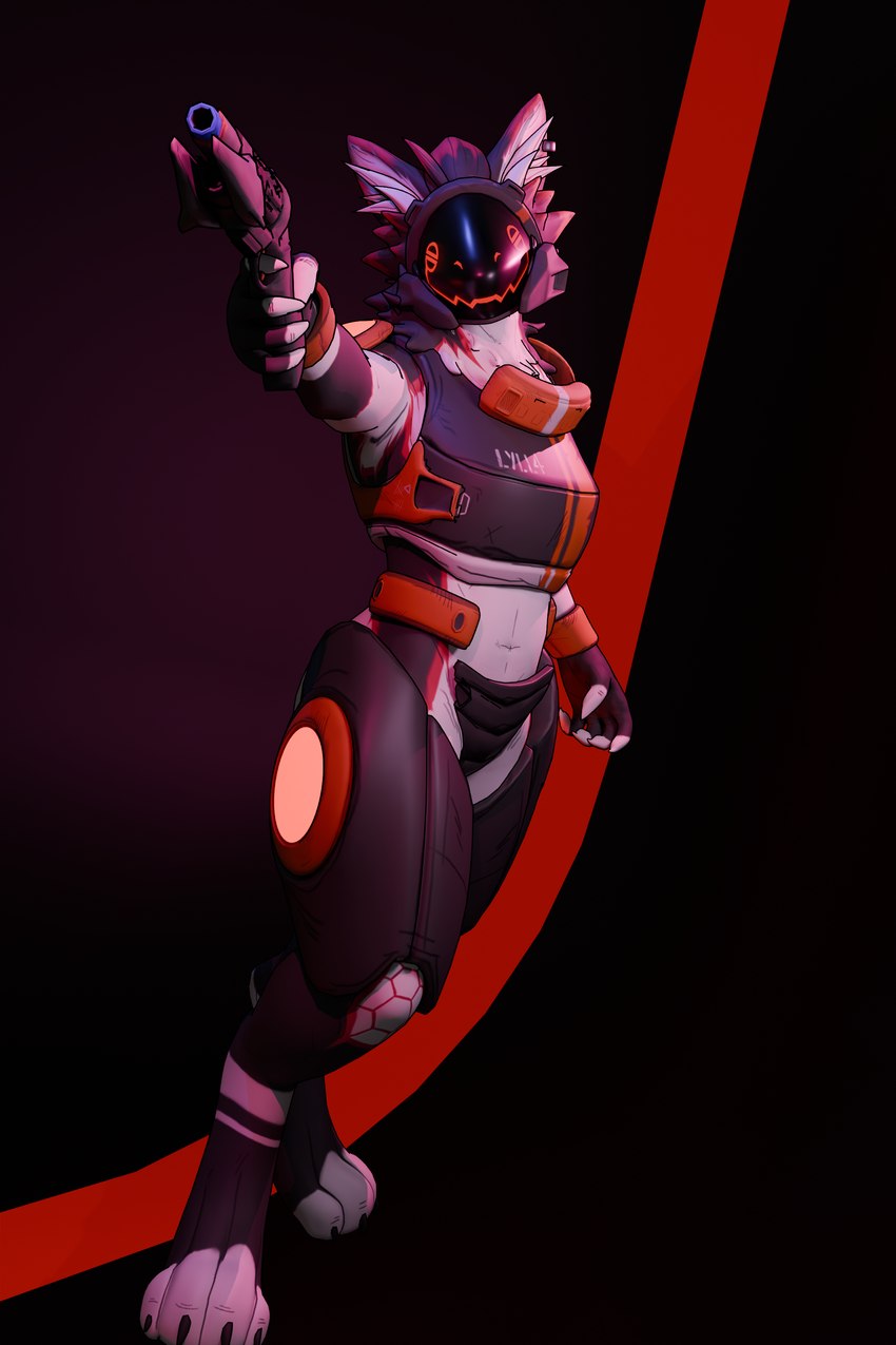 anthro armor athletic athletic_anthro black_body black_fur claws cybernetics female fingerless_(marking) fingerless_gloves_(marking) fur gloves_(marking) gun hair hexagon holding_object holding_weapon looking_at_viewer machine markings orange_armor ranged_weapon red_body red_fur red_hair simple_background smile solo standing toe_claws weapon white_body white_fur pat3awelitas300 lyll4_(pat3awelitas300) cyborg protogen 2:3 3d_(artwork) absurd_res digital_media_(artwork) hi_res