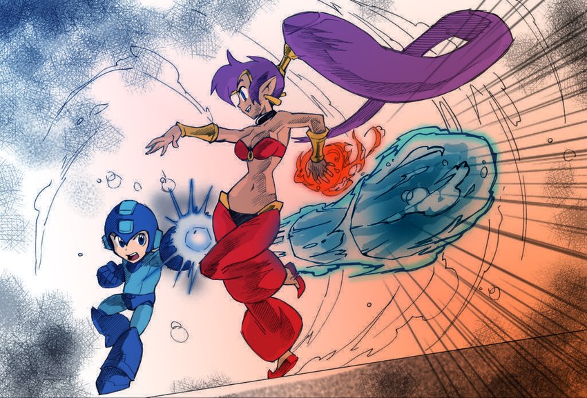 arm_cannon armor battle blue_eyes breasts brown_body brown_skin clothing duo ear_piercing ear_ring elemental_manipulation female fire fire_manipulation footwear hair headgear helmet humanoid_pointy_ears light_body light_skin long_hair machine male navel not_furry open_mouth piercing pointy_ears ponytail purple_hair ring_piercing shoes anonymous_artist capcom mega_man_(series) megaman_(classic) shantae_(series) wayforward mega_man_(character) shantae genie humanoid robot robot_humanoid crossover