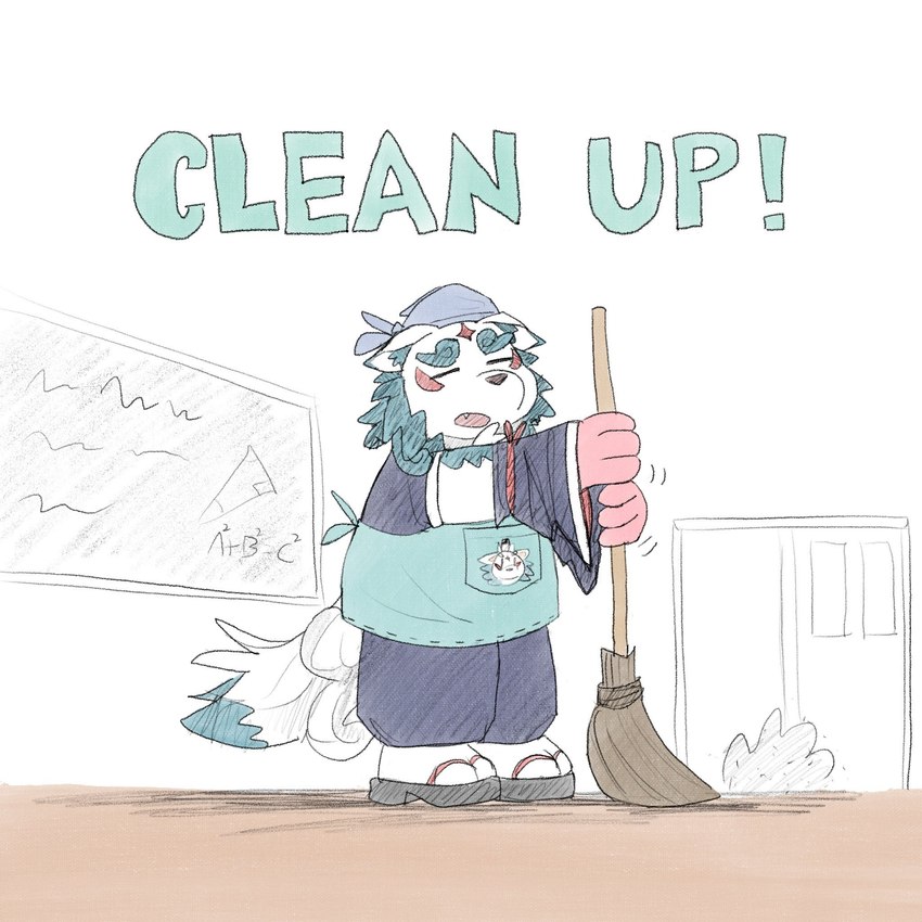 anthro apron asian_clothing blue_hair broom cleaning_tool clothing east_asian_clothing footwear fur hair japanese_clothing kerchief male sandals shoes socks socks_with_sandals solo sweeping tabi_socks white_body white_fur young nyegangangang asian_mythology east_asian_mythology japanese_mythology lifewonders mythology tokyo_afterschool_summoners agyo_(tas) foo_dog komainu mammal yokai 1:1 hi_res