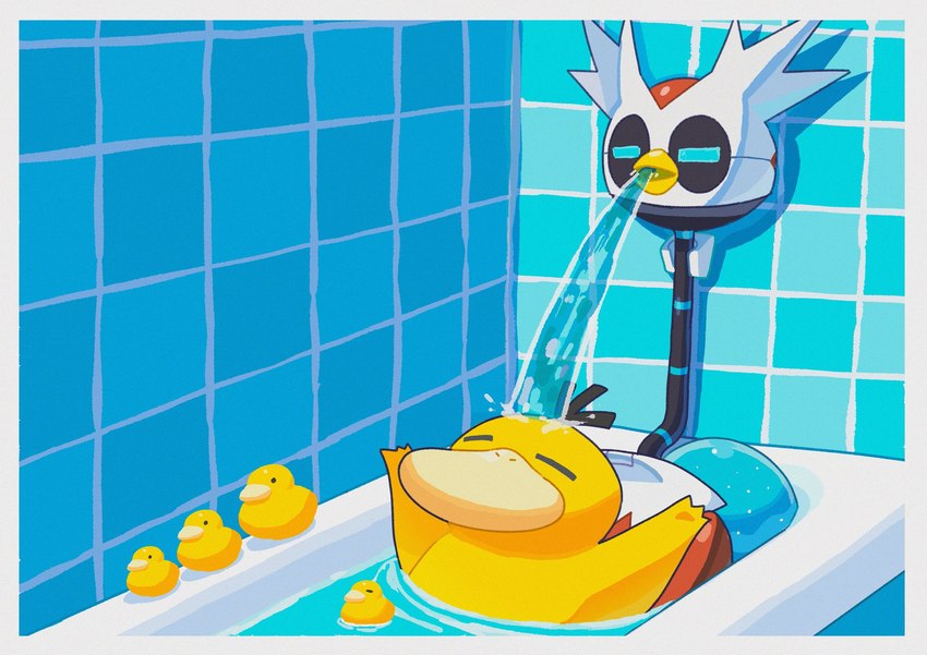 ambiguous_gender anthro bathing duo machine rubber_duck water zvlku nintendo pokemon future_pokemon generation_1_pokemon generation_9_pokemon iron_bundle paradox_pokemon pokemon_(species) psyduck robot hi_res