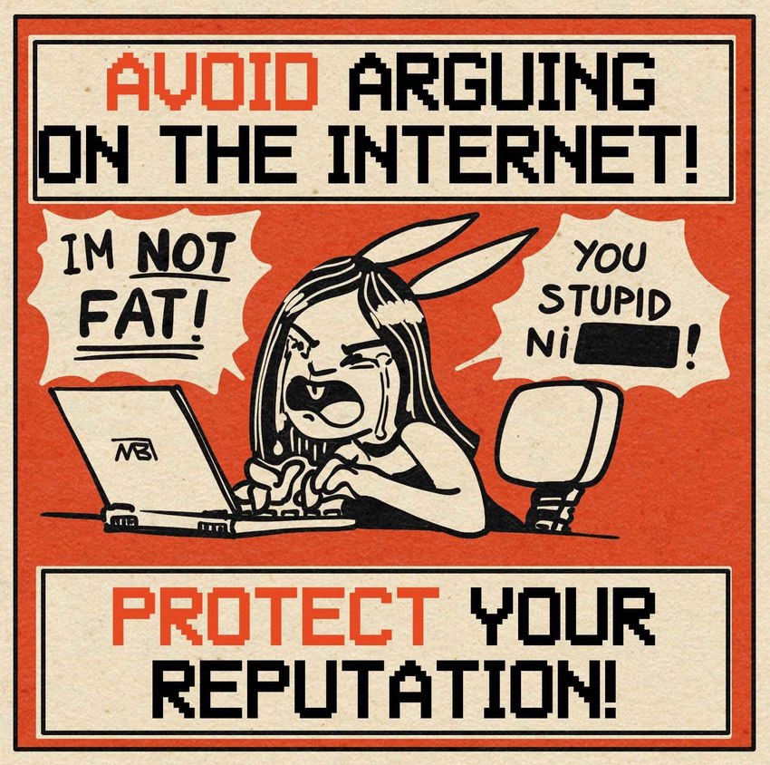 angry anthro bodily_fluids censor_bar chair choker computer crying dialogue electronics exclamation_point female furniture humor insult jewelry laptop necklace public_service_announcement racial_slur sitting slur solo speech_bubble tears text the_truth typing yelling mbartworkz lagomorph leporid mammal rabbit 2024 hi_res monochrome reaction_image