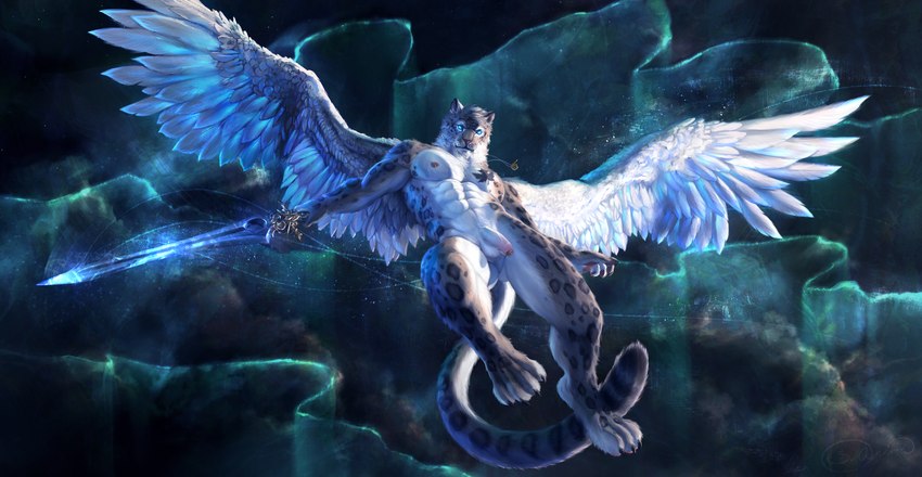 abs amazing_background anthro balls biped black_body black_fur blue_eyes detailed_background feathered_wings feathers flaccid flying foreskin fur genitals grey_body grey_fur holding_melee_weapon holding_object holding_sword holding_weapon humanoid_genitalia humanoid_penis male markings melee_weapon muscular muscular_anthro muscular_male nipples nude partially_retracted_foreskin pecs penis ring_(marking) solo sword weapon white_balls white_body white_fur wings s_anima angel felid mammal pantherine snow_leopard 2022 detailed digital_media_(artwork) hi_res